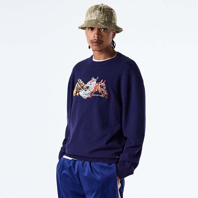 【法国】HELAS 25FA HORSES CREWNECK KNIT藏青三匹马图腾针织衫 - 实物图