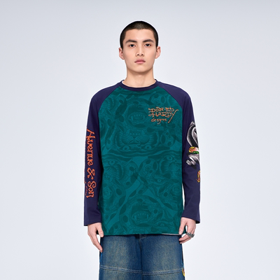 AVENUE&SON x ED HARDY合作款绿色拔印烫钻联名长袖T恤