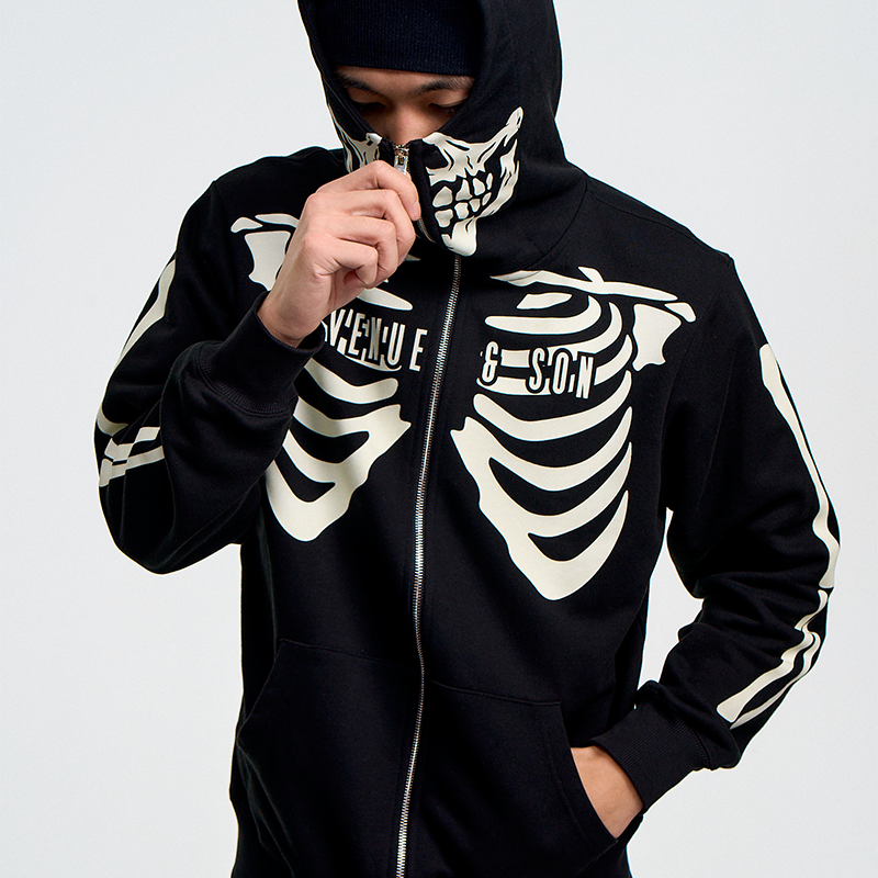 AVENUESON大道之子2025黑色夜光满印骷髅连帽拉链卫衣