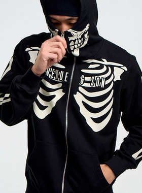 AVENUESON大道之子2025黑色夜光满印骷髅连帽拉链卫衣