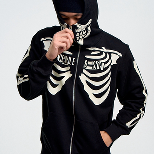 AVENUESON大道之子2025黑色夜光满印骷髅连帽拉链卫衣