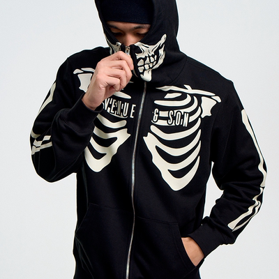 AVENUESON大道之子2025黑色夜光满印骷髅连帽拉链卫衣