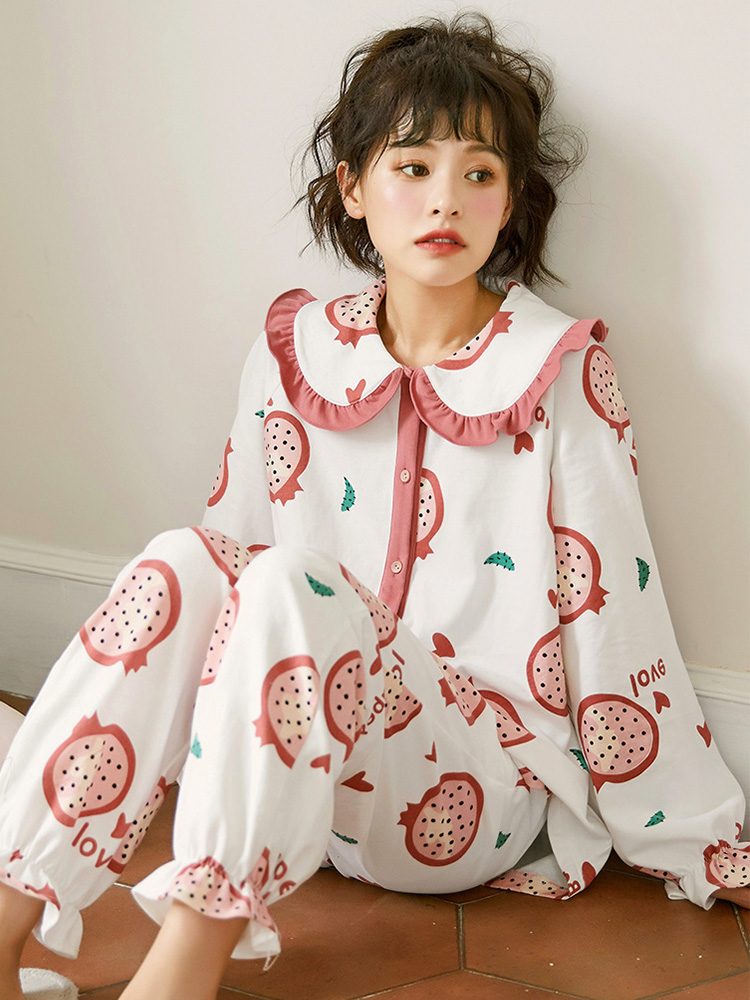 Long-sleeved pure cotton pajamas ladies spring and autumn large size cotton thin section cute princess style home service summer Korean suit