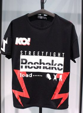 SELECTED斯莱德新款男款休闲印花修身黑色纯棉圆领短袖半袖T恤