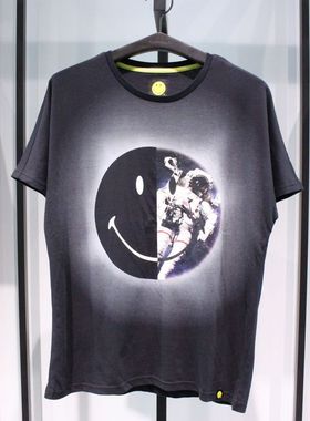SELECTED思莱德休闲笑脸宇航员圆领男士黑色纯棉短袖T恤半袖T恤