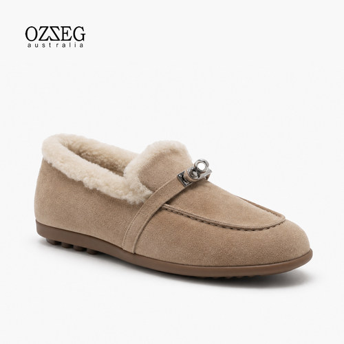 OZZE搭扣牛皮保暖羊毛豆豆单鞋
