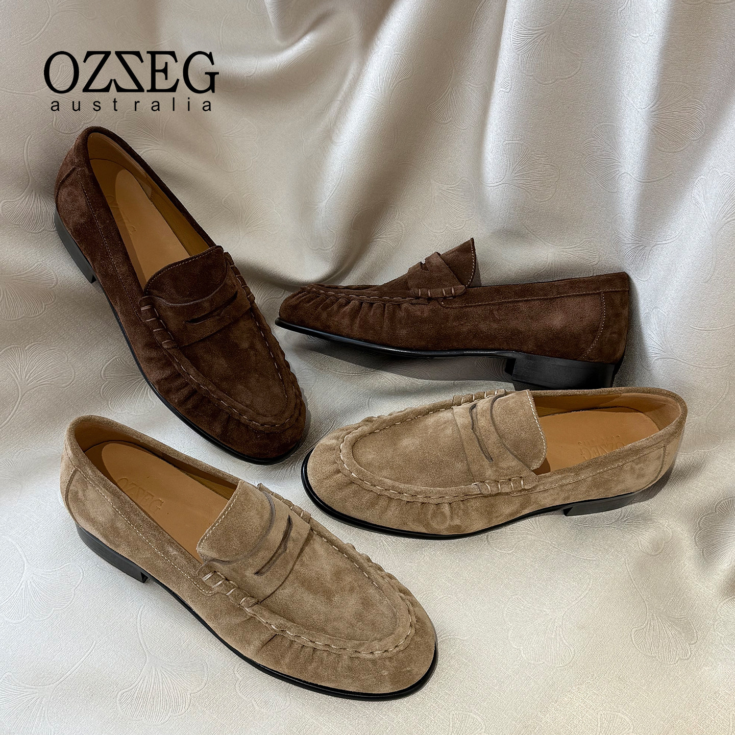 OZZEG褶皱绒面乐福鞋女2026春季新款舒适牛皮透气粗跟一脚蹬单鞋,女鞋,乐福鞋（豆豆鞋）,淘宝优惠券,粉丝福利购,淘宝优惠卷