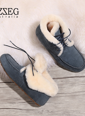 OZZEG澳泽格新款秋冬雪地靴女皮毛一体系带短靴加绒加厚保暖棉鞋