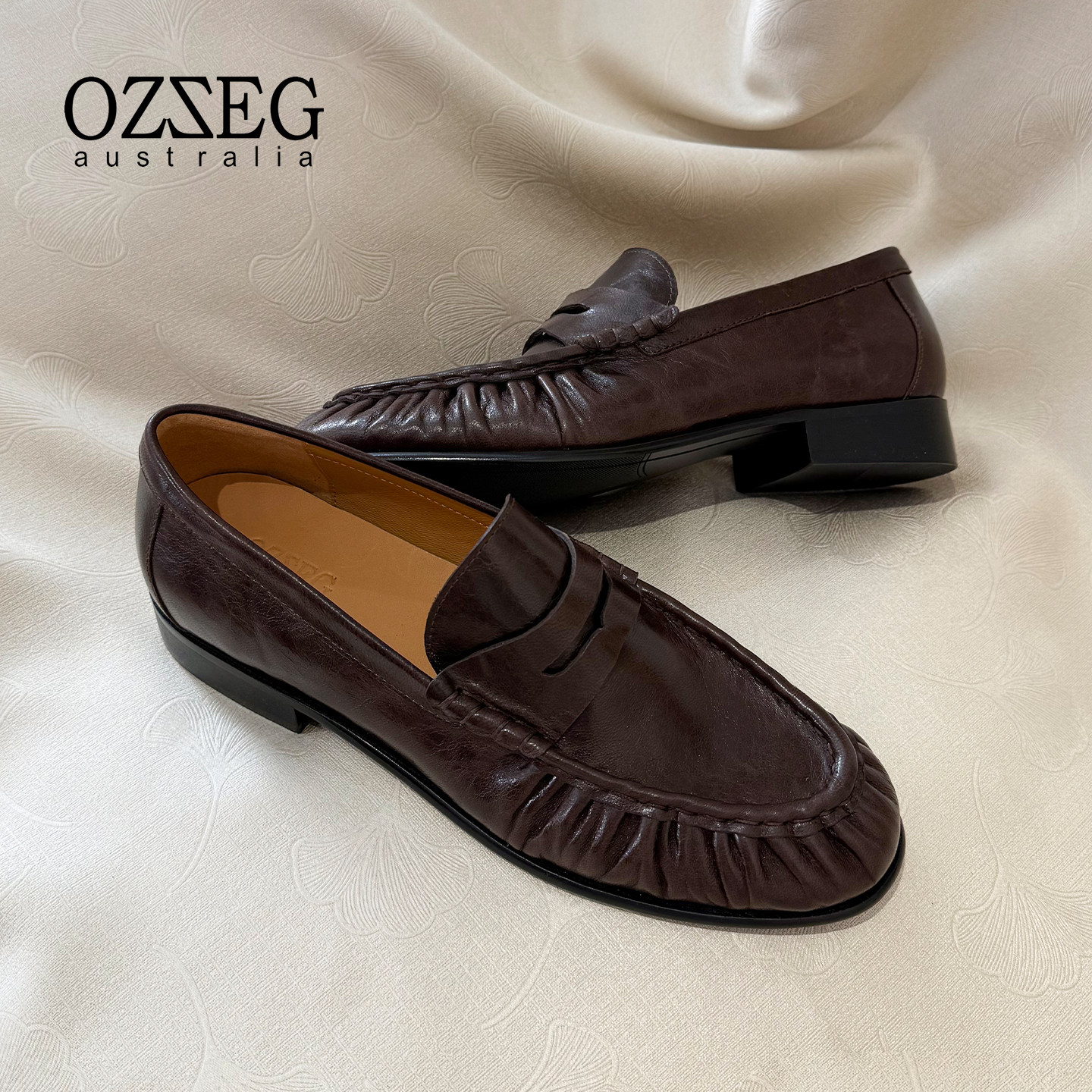 OZZEG2026春季新品女士乐福鞋褶皱亮面真皮透气平底一脚蹬豆豆鞋,女鞋,乐福鞋（豆豆鞋）,淘宝优惠券,粉丝福利购,淘宝优惠卷