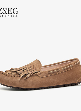 OZZEG豆豆鞋女真皮2025新款春夏秋流苏孕妇平底防滑一脚蹬船鞋