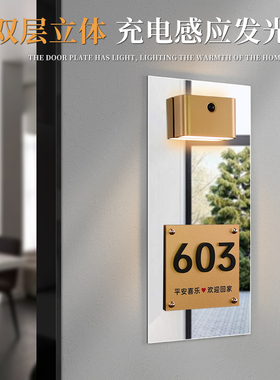 新款双层立体感应灯门牌定制高档亚克力公寓别墅家用入户门房号牌酒店民宿包厢led磁吸上下发光氛围灯号码牌