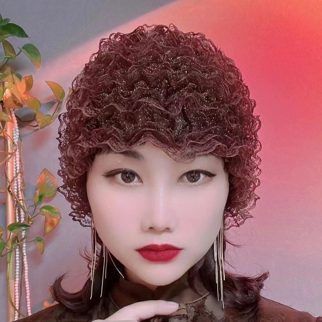 美人纱弹力蕾丝包头帽女遮白发收碎发层层帽时尚洋气透气