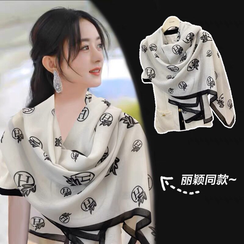 明星同款棉麻围巾女H字母印花百搭保暖防晒披肩围脖时尚围巾女士