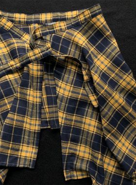 今年流行彩色黄色格子屁帘女一片式系带黄格藏肉神器男下摆男生衫