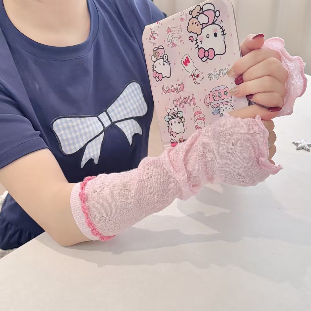 可爱Kitty猫防晒袖套女夏季冰丝防紫外线开车护臂半指手套ins潮