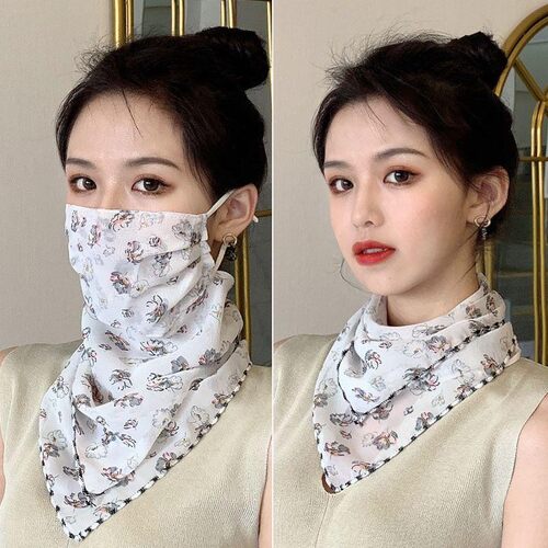 防晒三角丝巾护颈脖子口罩女夏季挂耳式围巾薄款春秋面纱遮脸面罩