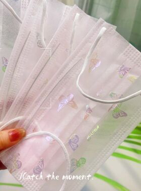 蝴蝶蕾丝口罩夏天一次性2层口罩1层网纱+1层布轻薄透气浅蓝高颜值