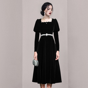 MY3639#黑色丝绒长裙气质收腰长袖显瘦中长款连衣裙女装2021新款秋冬季