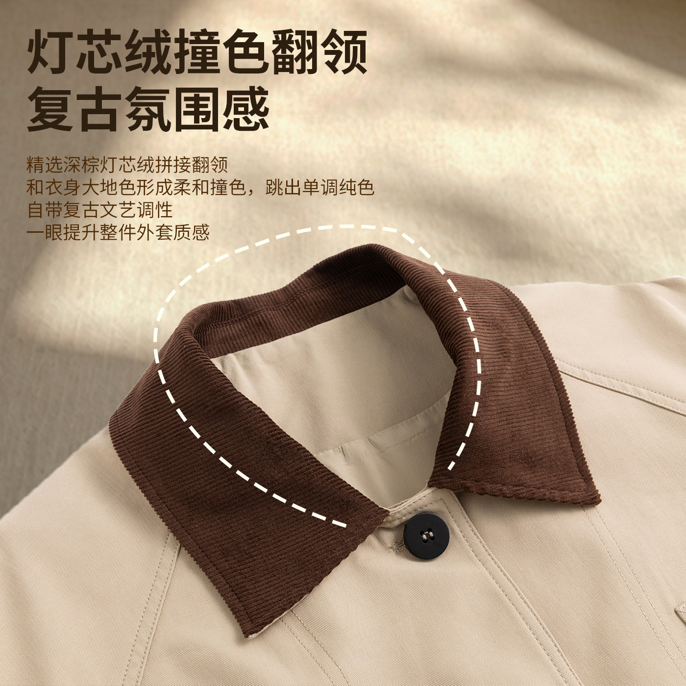 撞色灯芯绒翻领风衣女中长款复古