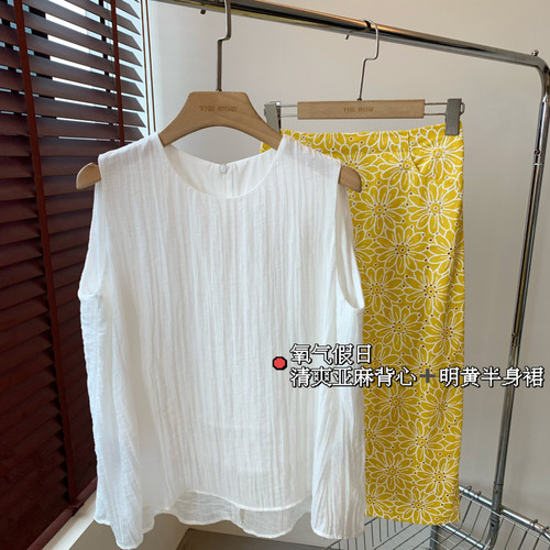 亚麻混纺轻盈宽松圆领无袖背心