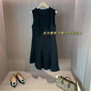 無(wú)袖 WTHEONE美學(xué)設(shè)計(jì)感竹節(jié)紋拼接顯氣質(zhì)瘦小黑裙中長(zhǎng)款 連衣裙女