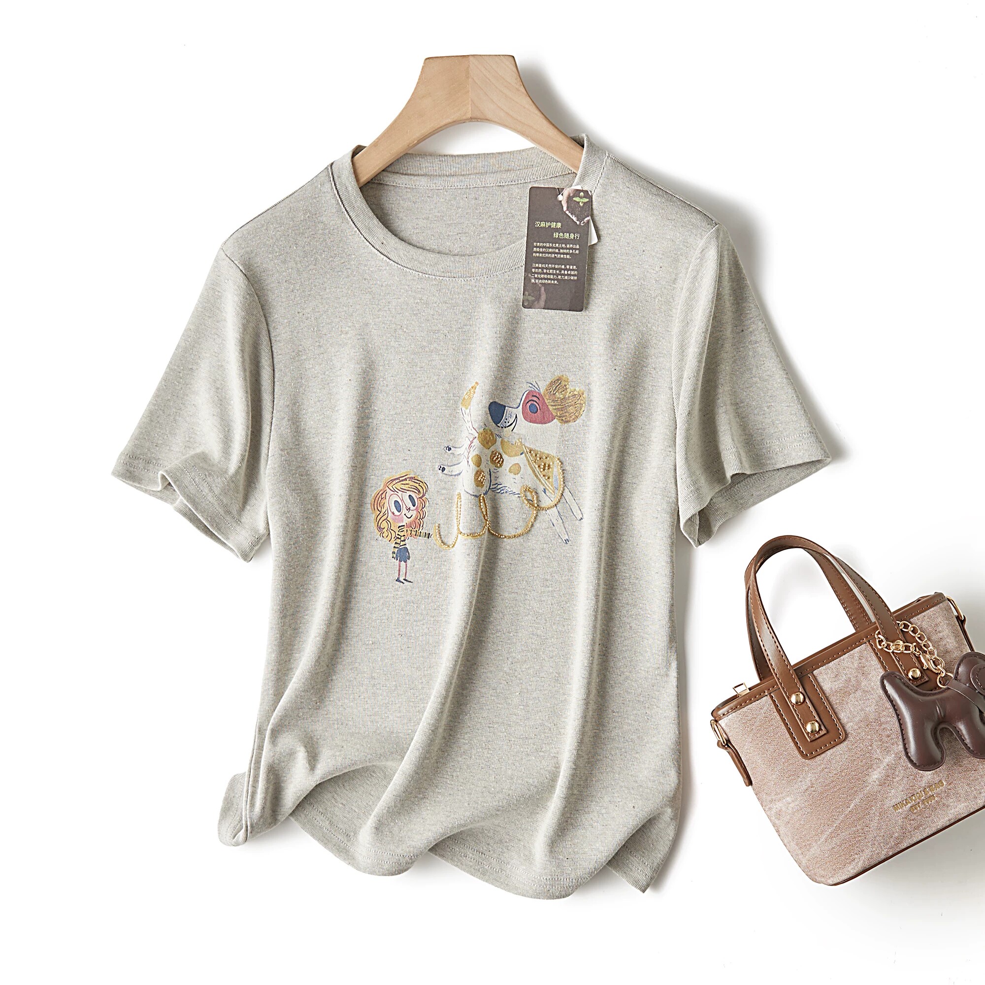 重工面料休闲风钉珠卡通小狗印花短袖T恤女圆领重工夏季上衣春夏