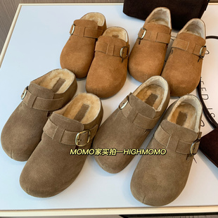 女秋冬新 一脚拖羊毛休闲鞋 加绒勃肯鞋 羊羔毛保暖牛皮全包勃肯鞋