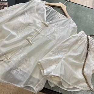 WTHEONE新中式国风轻薄透气天丝订珠盛扣上衣松紧腰短裤A字裙套装