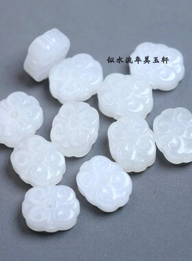 13x16mm双面雕刻新疆白玉金丝玉通孔如意 莲花背云 DIY手链项链配