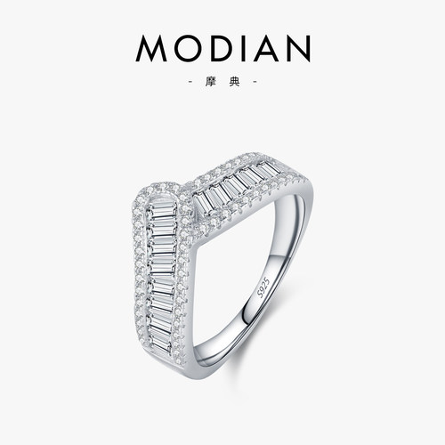 摩典925银闪钻V字排戒线条戒指女