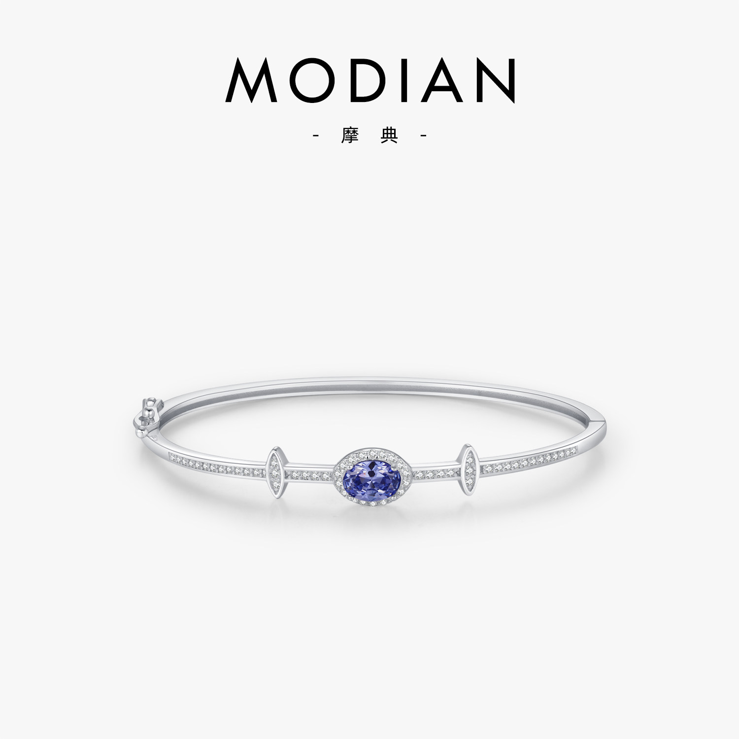 MODIAN摩典S925纯银坦桑蓝镶钻手镯女复古轻奢高级感仿彩宝手饰