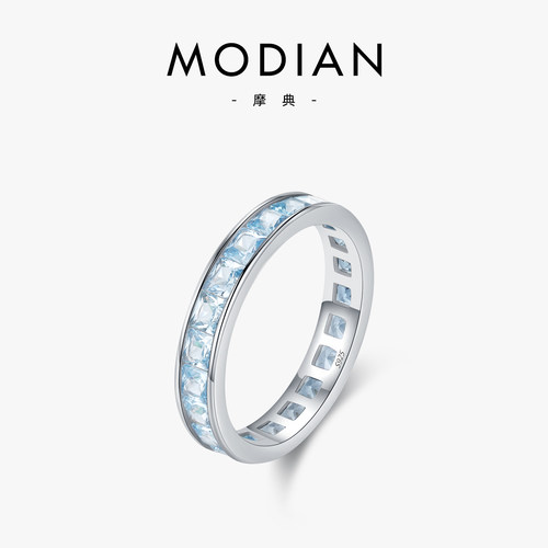 摩典S925纯银浅海蓝排钻精致戒指