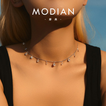 MODIAN摩典S925纯银超闪水滴锆石短款项链女小众时尚Choker颈链