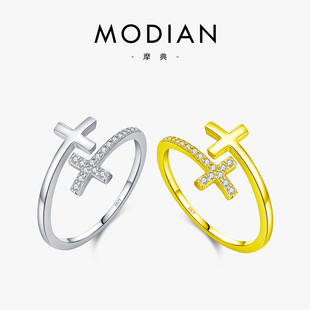 MODIAN摩典S925纯银日韩简约碎钻十字架戒指女小众复古可调节指环