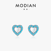 MODIAN摩典S925纯银复古合成绿松石爱心耳钉女甜美光面迷你耳钉