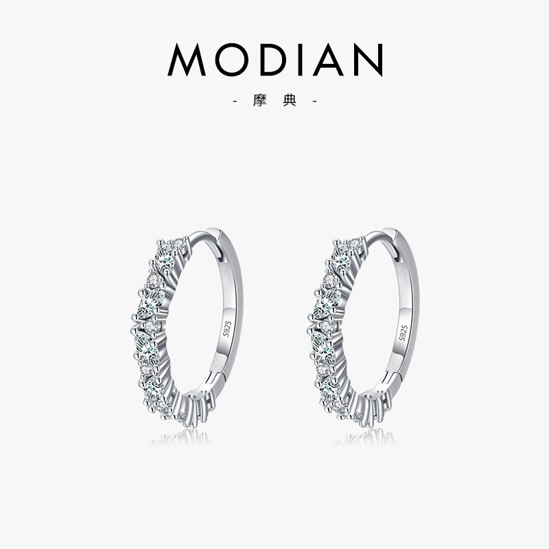 MODIAN s925纯银镶嵌锆石小众简约耳环韩版气质时尚百搭新潮耳圈