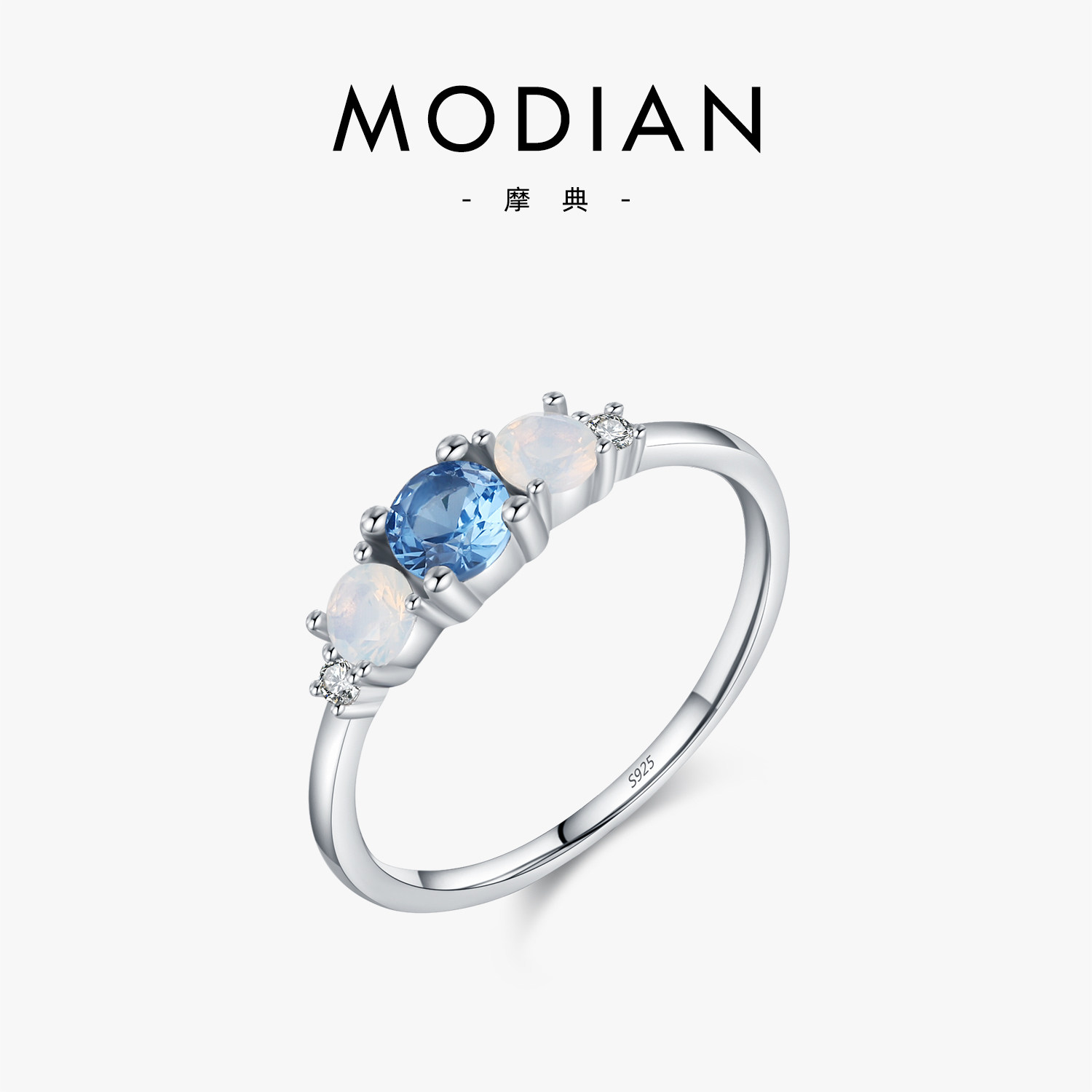 摩典S925银时尚ins镶钻水晶戒指