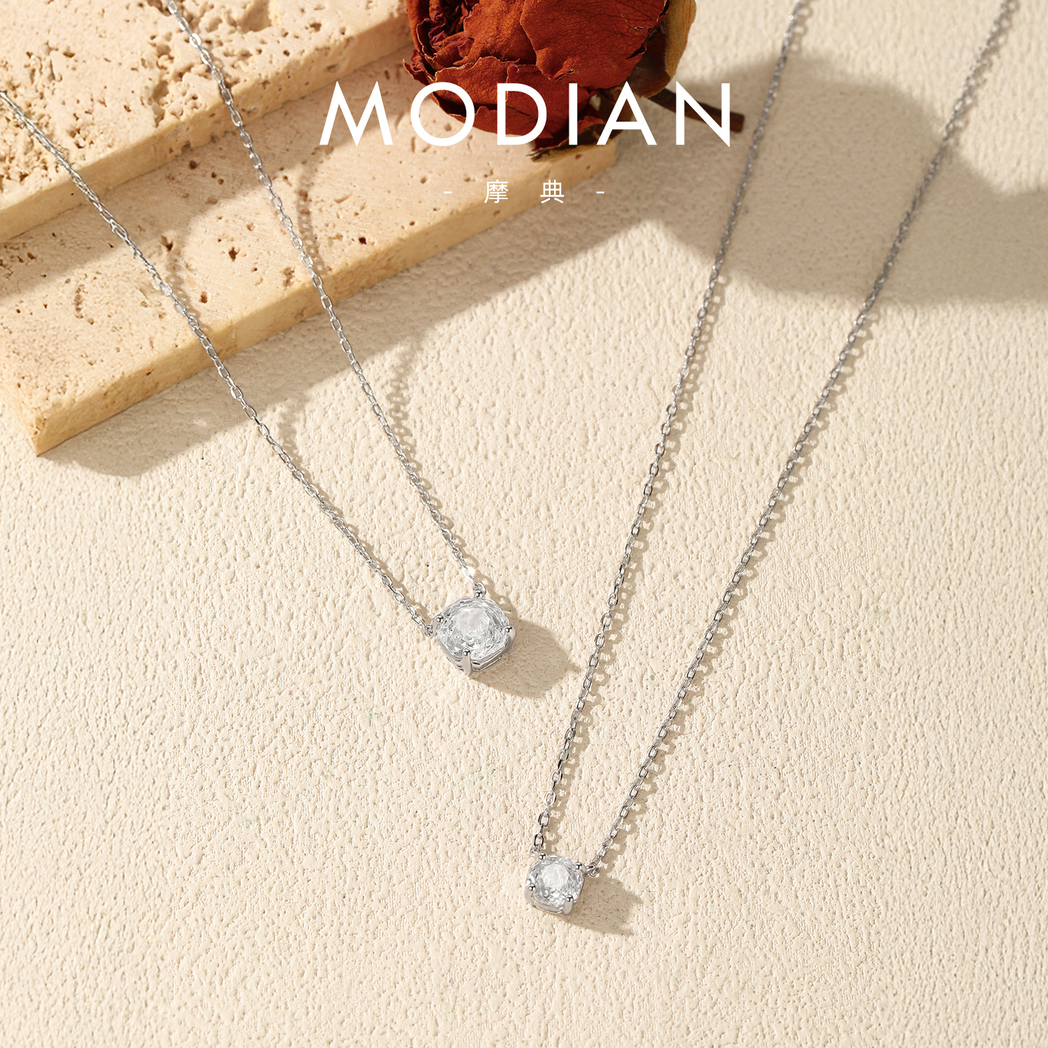 摩典S925纯银玫瑰切仿钻锁骨链女