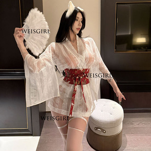 weisgirl纯欲风日系复古和服半透性感浴衣套装猫女郎cos服睡裙女