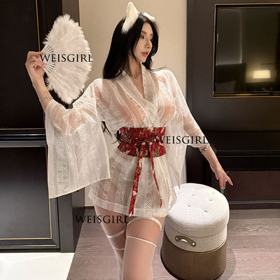 日系性感复古半透和服睡裙套装女