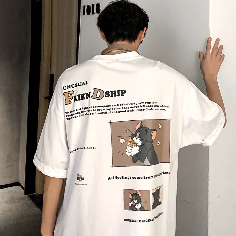 猫和老鼠趣味印花短袖T恤男士加肥大码宽松韩版潮流运动半袖体恤