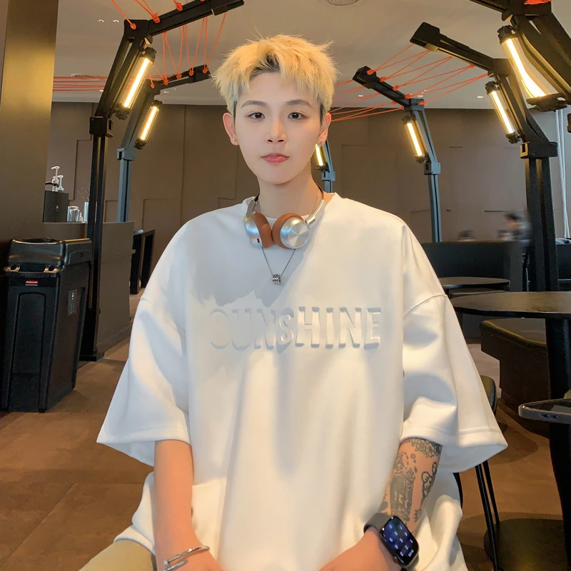 2025夏季重磅300g美式立体字母钢印短袖t恤男宽松情侣潮半袖体恤