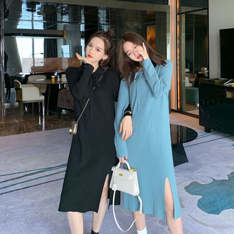 QIEGAO 切糕自制 收腰中长款针织衣裙女2020秋冬新款内搭连衣裙