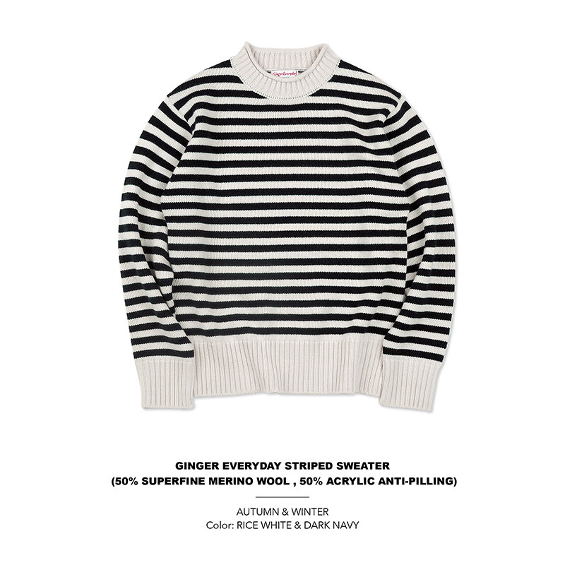 今吉社 复古半高领海员条纹毛衣 美利奴羊毛圆领针织秋冬保暖百搭
