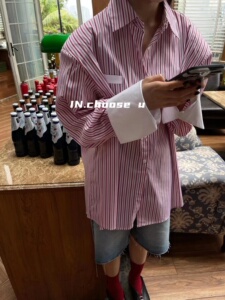 IN choose u笑笑家2023秋新款设计感拼接阔版垫肩条纹长袖衬衫女