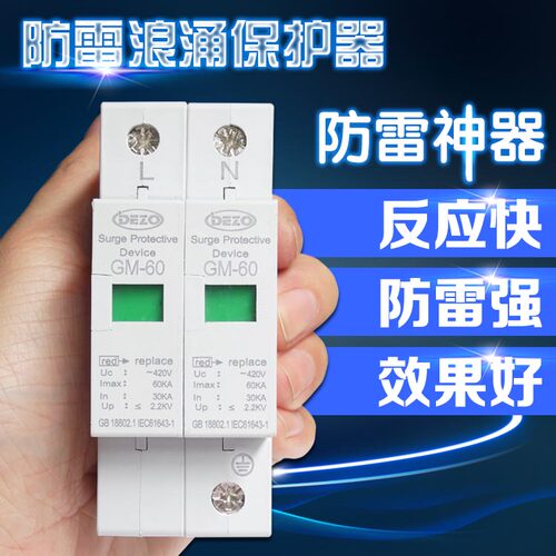 浪涌保护器 家用避雷器 防雷2P 30-60KA 220V防电涌 20KA40KA80KA