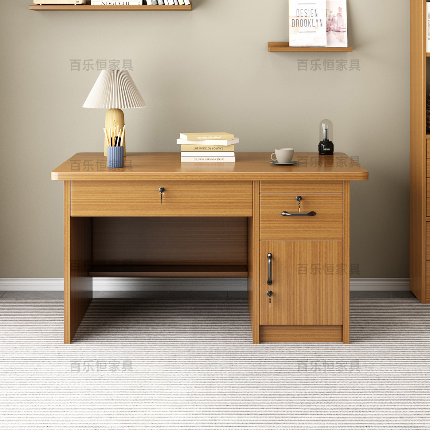 全实木生态板一米书桌家用写字台带抽屉带锁职员学校办公桌单人桌