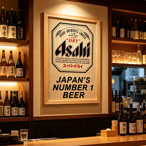 日式居酒屋民宿日本料理店asahi朝日啤酒海报藤编竹席木框装饰画