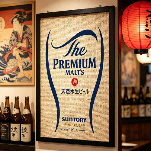 日式居酒屋烧鸟日本料理店三得利万志金啤酒海报藤编木框装饰画