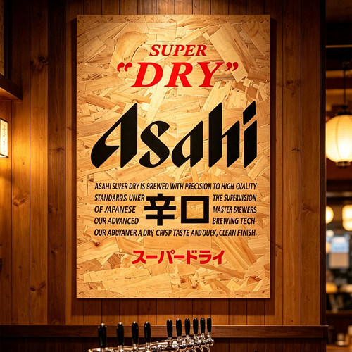 日本料理店烧肉日式居酒屋民宿朝日辛口啤酒海报欧松板复古装饰画